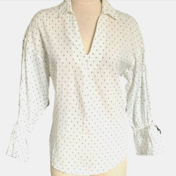 H&M Cream-White & Black Oval/Swiss Dot Blouse Long Bell Sleeve Sz XS #180A - Picture 1 of 7